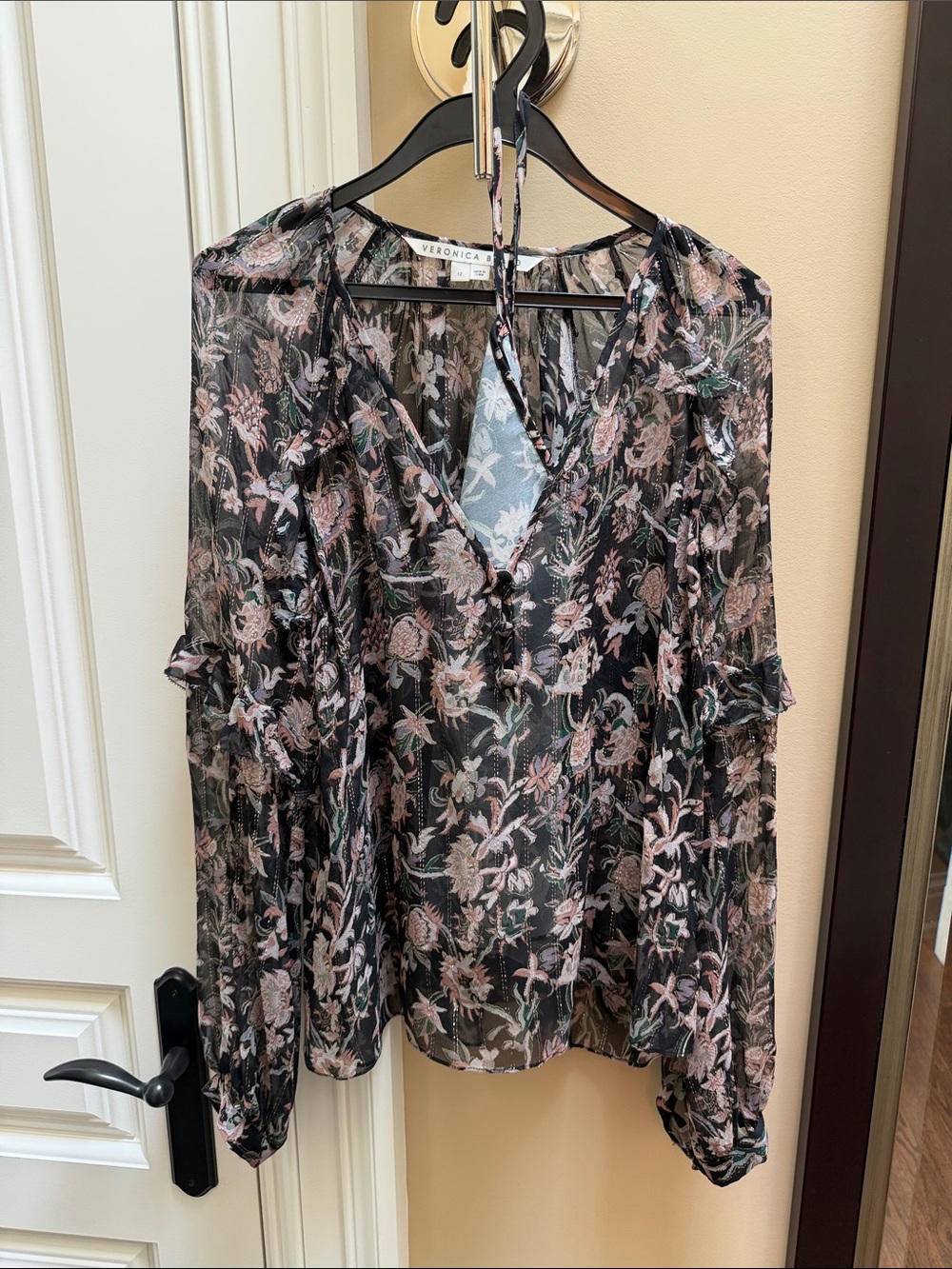 Veronica Beard Black Sheer Floral Tie-Neck Blouse with Pink Accents